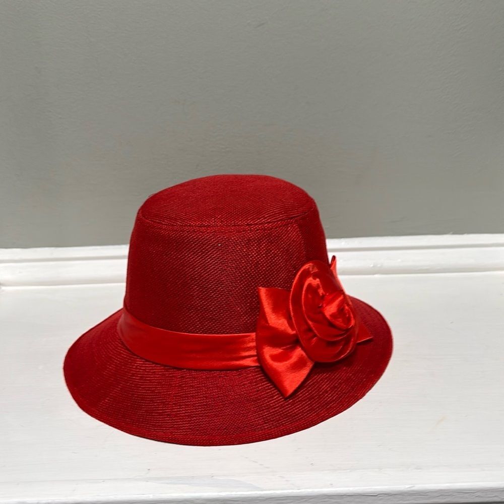 Red Victorian Bucket Bell Hat w/ Bow- size 58 - Picture 2 of 10